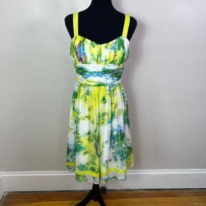Tahari Arthur S Levine 100% Silk Watercolor Floral Midi Dress Green Yellow 6